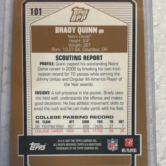 2007 Brady Quinn McFarland Browns Figurine & Topps Opp RC Card Notre Dame #101 - Picture 5 of 5